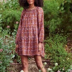 Xirena Lea Cottage Boho Brown Floral Dress Small Oversized Golden Silk Cotton